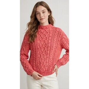 Polo Ralph Lauren Cable Knit Sweater Women L Coral Wash Cotton Crewneck Aran